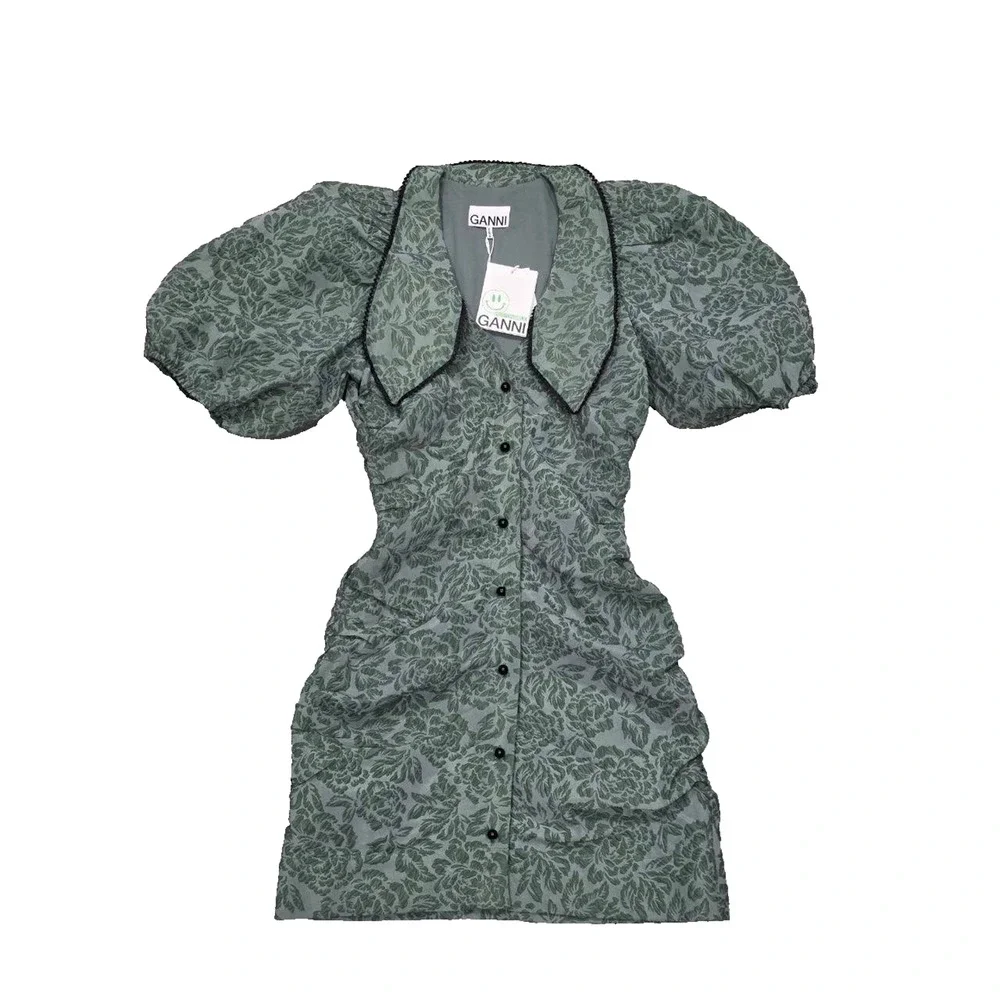 GANNI Organza Mini Dress Size 36 Myrtle Jacquard Balloon coquette fairy A004055 - Picture 4 of 13